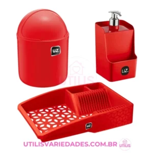 Kit 3 Peças UZ para Pia — Escorredor, Lixeira e Porta Detergente — Vermelho